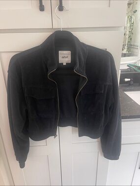 aerie Black Corduroy Cropped Zip Bomber Jacket